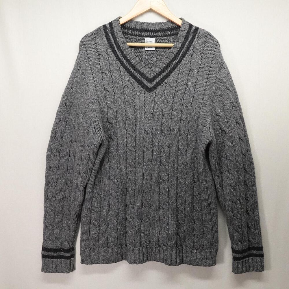 VTG Old Navy Sweater Mens Large Gray Cable Knit V Neck Heavyweight Preppy Tennis